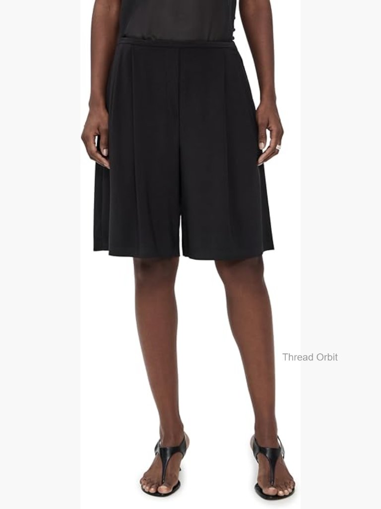 Pleat Bermuda Shorts High Waist Knee-Length Pull-On Stretch Jersey
